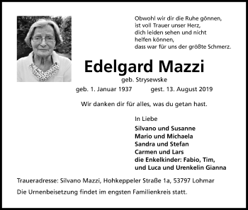 Anzeige von Edelgard Mazzi von Kölner Stadt-Anzeiger / Kölnische Rundschau / Express