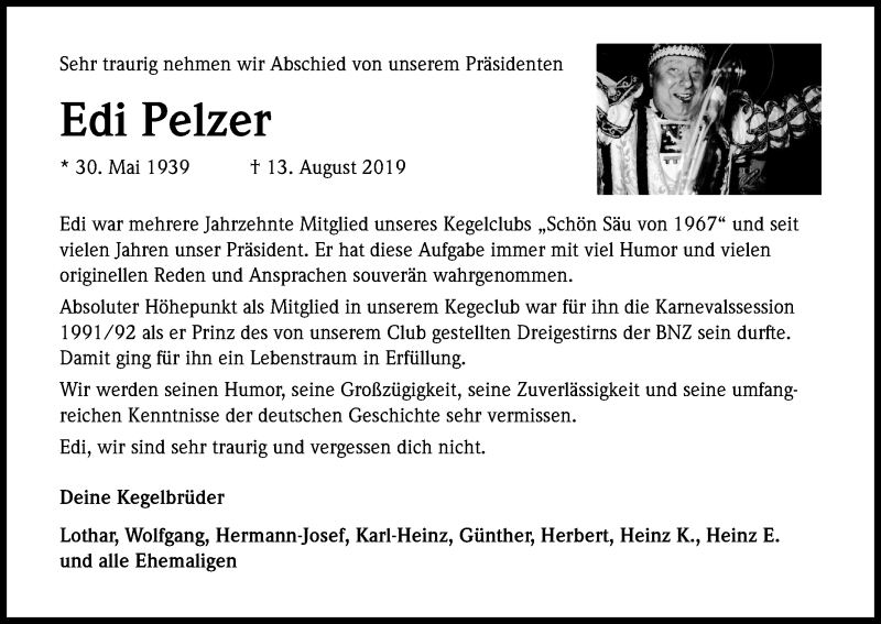  Traueranzeige für Edi Pelzer vom 24.08.2019 aus Kölner Stadt-Anzeiger / Kölnische Rundschau / Express