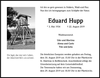 Anzeige von Eduard Hupp von Kölner Stadt-Anzeiger / Kölnische Rundschau / Express