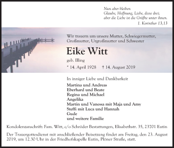 Anzeige von Eike Witt von Kölner Stadt-Anzeiger / Kölnische Rundschau / Express