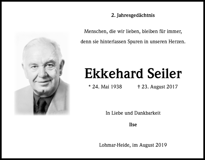  Traueranzeige für Ekkehard Seiler vom 23.08.2019 aus Kölner Stadt-Anzeiger / Kölnische Rundschau / Express
