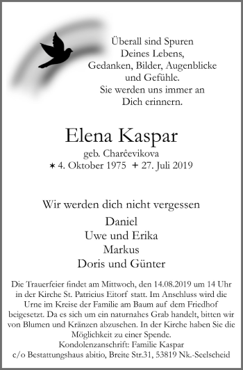 Anzeige von Elena Kaspar von  Rhein-Sieg-Wochenende 