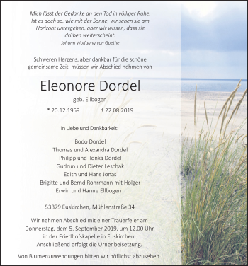Anzeige von Eleonore Dordel von  Blickpunkt Euskirchen 