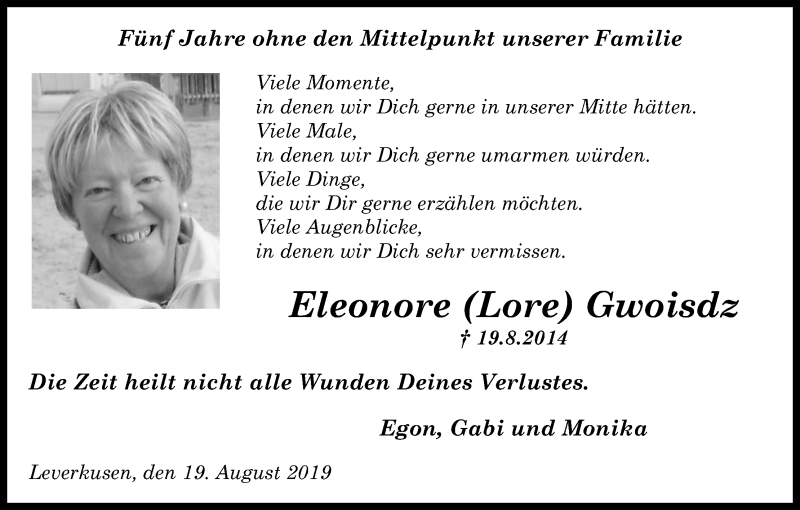  Traueranzeige für Eleonore Gwoisdz vom 19.08.2019 aus Kölner Stadt-Anzeiger / Kölnische Rundschau / Express