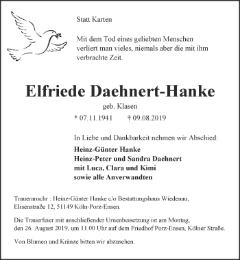Anzeige von Elfriede Daehnert-Hanke von  Kölner Wochenspiegel 