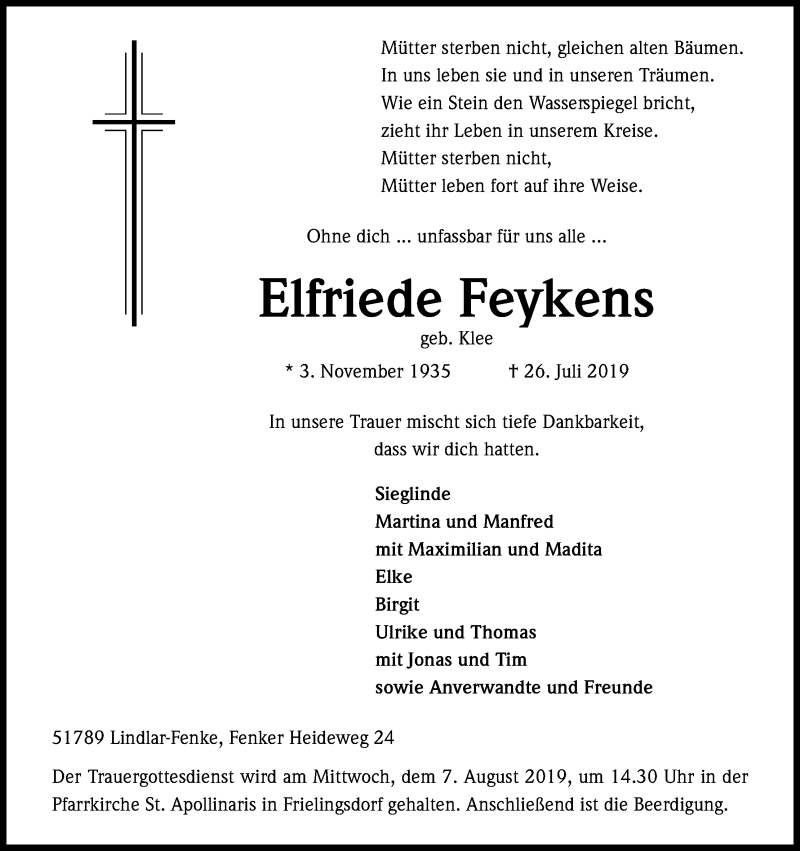  Traueranzeige für Elfriede Feykens vom 05.08.2019 aus Kölner Stadt-Anzeiger / Kölnische Rundschau / Express