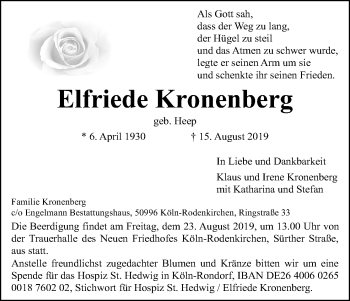 Anzeige von Elfriede Kronenberg von Kölner Stadt-Anzeiger / Kölnische Rundschau / Express