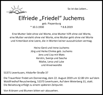 Anzeige von Elfriede Friedel Juchems von Kölner Stadt-Anzeiger / Kölnische Rundschau / Express