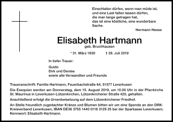 Anzeige von Elisabeth Hartmann von Kölner Stadt-Anzeiger / Kölnische Rundschau / Express
