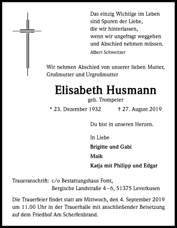 Anzeige von Elisabeth Husmann von Kölner Stadt-Anzeiger / Kölnische Rundschau / Express
