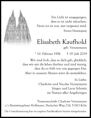 Anzeige von Elisabeth Kaufhold von Kölner Stadt-Anzeiger / Kölnische Rundschau / Express