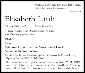 Anzeige von Elisabeth Laub von Kölner Stadt-Anzeiger / Kölnische Rundschau / Express