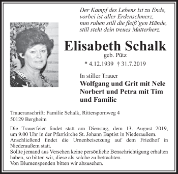 Anzeige von Elisabeth Schalk von  Sonntags-Post 