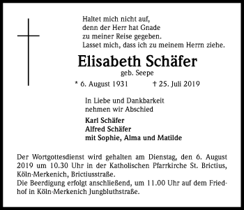Anzeige von Elisabeth Schäfer von Kölner Stadt-Anzeiger / Kölnische Rundschau / Express