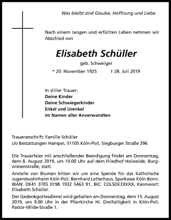 Anzeige von Elisabeth Schüller von Kölner Stadt-Anzeiger / Kölnische Rundschau / Express