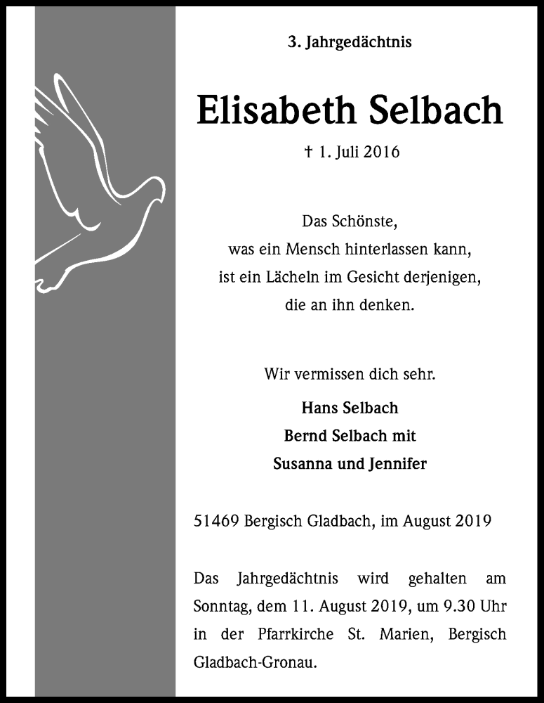  Traueranzeige für Elisabeth Selbach vom 07.08.2019 aus Kölner Stadt-Anzeiger / Kölnische Rundschau / Express