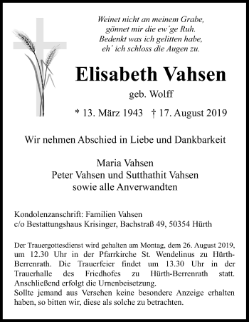 Anzeige von Elisabeth Vahsen von Kölner Stadt-Anzeiger / Kölnische Rundschau / Express