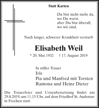 Anzeige von Elisabeth Weil von  Sonntags-Post 