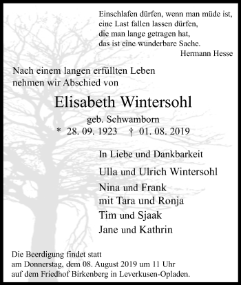 Anzeige von Elisabeth Wintersohl von Kölner Stadt-Anzeiger / Kölnische Rundschau / Express