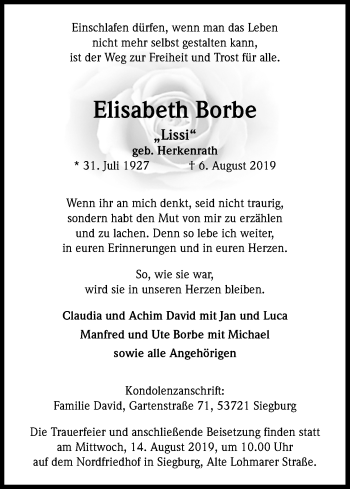 Anzeige von Elisasbeth Borbe von Kölner Stadt-Anzeiger / Kölnische Rundschau / Express