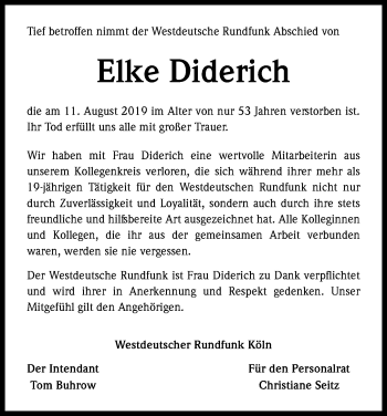 Anzeige von Elke Diderich von Kölner Stadt-Anzeiger / Kölnische Rundschau / Express
