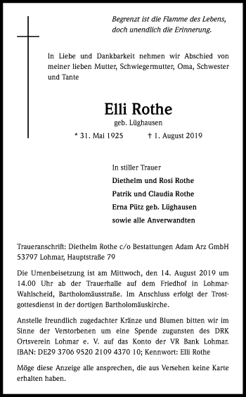 Anzeige von Elli Rothe von Kölner Stadt-Anzeiger / Kölnische Rundschau / Express