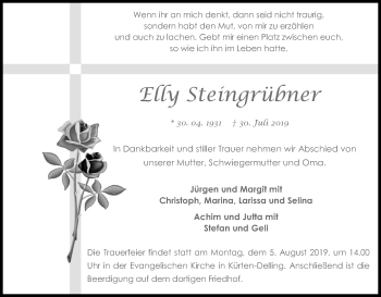 Anzeige von Elly Steingrübner von Kölner Stadt-Anzeiger / Kölnische Rundschau / Express