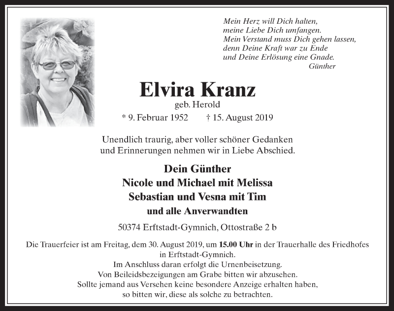  Traueranzeige für Elvira Kranz vom 21.08.2019 aus  Werbepost 