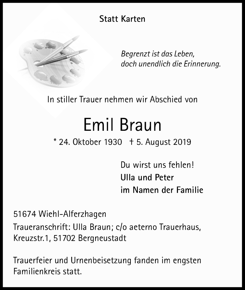  Traueranzeige für Emil Braun vom 17.08.2019 aus Kölner Stadt-Anzeiger / Kölnische Rundschau / Express
