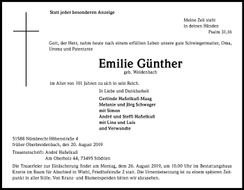 Anzeige von Emilie Günther von Kölner Stadt-Anzeiger / Kölnische Rundschau / Express