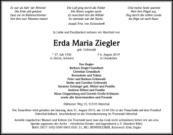 Anzeige von Erda Maria Ziegler von Kölner Stadt-Anzeiger / Kölnische Rundschau / Express