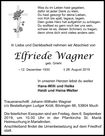 Anzeige von Erfriede Wagner von Kölner Stadt-Anzeiger / Kölnische Rundschau / Express