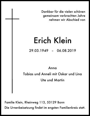 Anzeige von Erich Klein von Kölner Stadt-Anzeiger / Kölnische Rundschau / Express