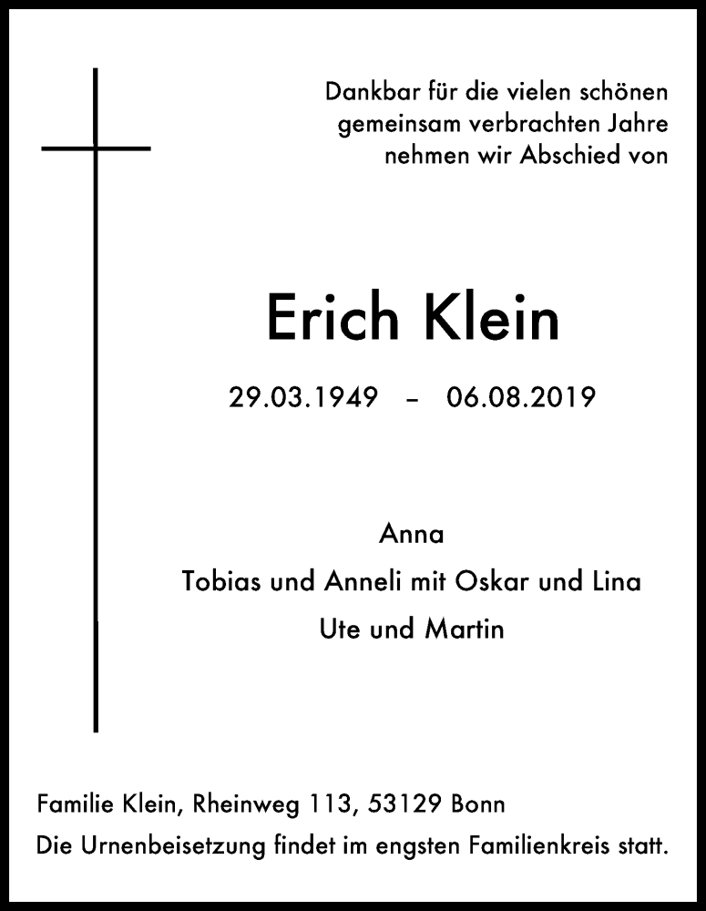  Traueranzeige für Erich Klein vom 10.08.2019 aus Kölner Stadt-Anzeiger / Kölnische Rundschau / Express
