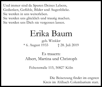 Anzeige von Erika Baum von Kölner Stadt-Anzeiger / Kölnische Rundschau / Express
