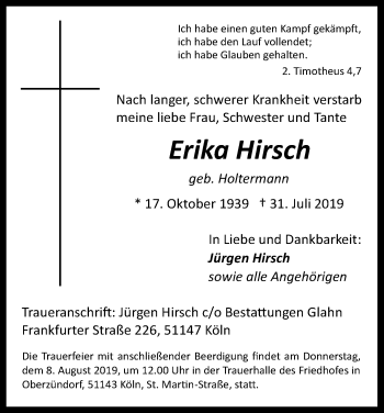 Anzeige von Erika Hirsch von Kölner Stadt-Anzeiger / Kölnische Rundschau / Express