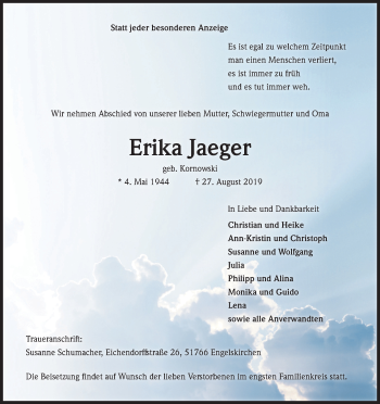 Anzeige von Erika Jaeger von Kölner Stadt-Anzeiger / Kölnische Rundschau / Express