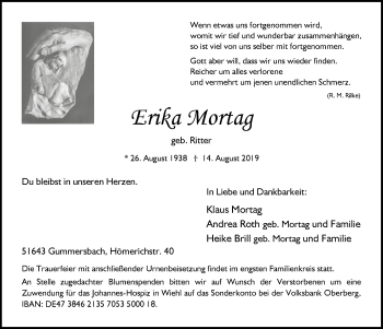 Anzeige von Erika Mortag von  Anzeigen Echo 