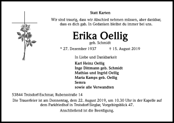 Anzeige von Erika Oellig von Kölner Stadt-Anzeiger / Kölnische Rundschau / Express