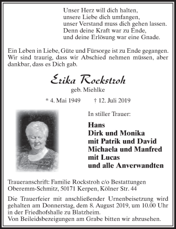 Anzeige von Erika Rockstroh von  Sonntags-Post 