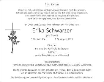 Anzeige von Erika Schwarzer von  Blickpunkt Euskirchen 
