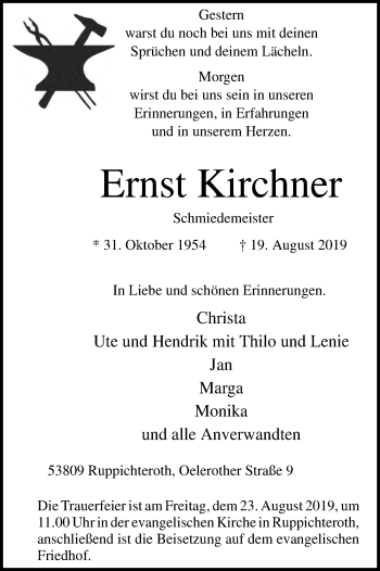 Anzeige von Ernst Kirchner von Kölner Stadt-Anzeiger / Kölnische Rundschau / Express