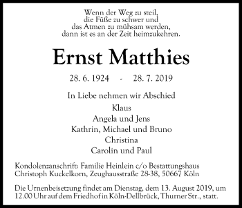 Anzeige von Ernst Matthies von Kölner Stadt-Anzeiger / Kölnische Rundschau / Express