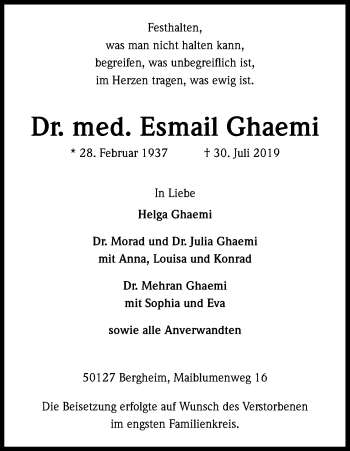 Anzeige von Esmail Ghaemi von Kölner Stadt-Anzeiger / Kölnische Rundschau / Express