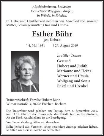 Anzeige von Esther Bühr von  Sonntags-Post 