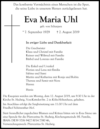 Anzeige von Eva Maria Uhl von Kölner Stadt-Anzeiger / Kölnische Rundschau / Express