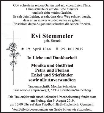 Anzeige von Evi Stemmeler von  Schlossbote/Werbekurier 