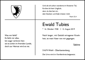 Anzeige von Ewald Tubies von Kölner Stadt-Anzeiger / Kölnische Rundschau / Express