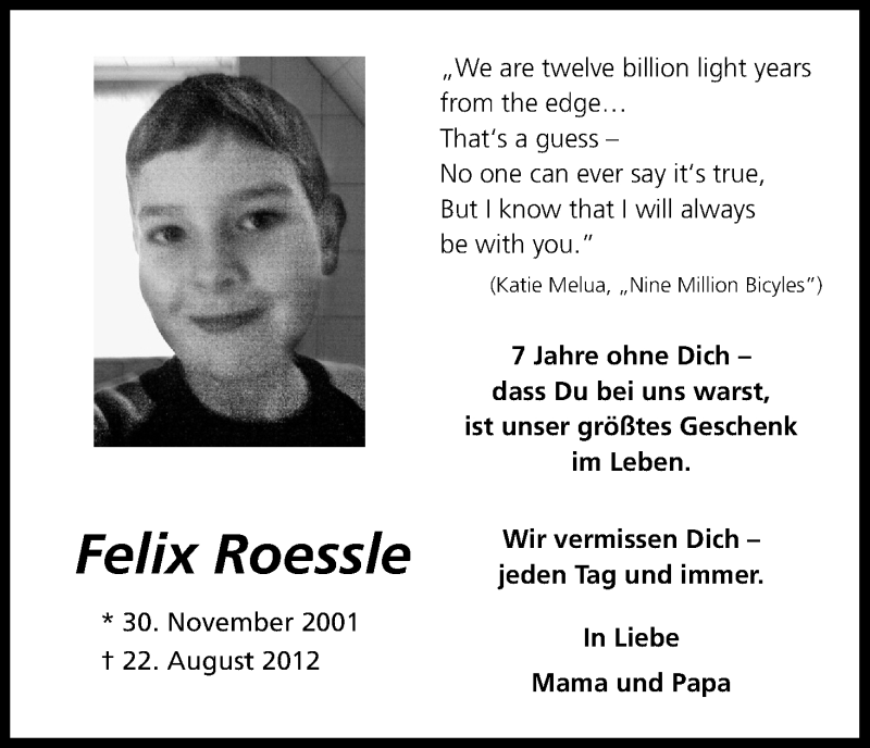  Traueranzeige für Felix Roessle vom 22.08.2019 aus Kölner Stadt-Anzeiger / Kölnische Rundschau / Express