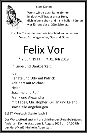 Anzeige von Felix Vor von  Lokalanzeiger 
